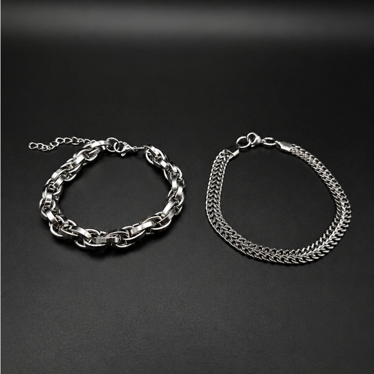 Kit de Pulseiras Masculinas Aço Inox Trançada Lisa 8mm+ Pulseira Elo Duplo 8mm Antialérgica