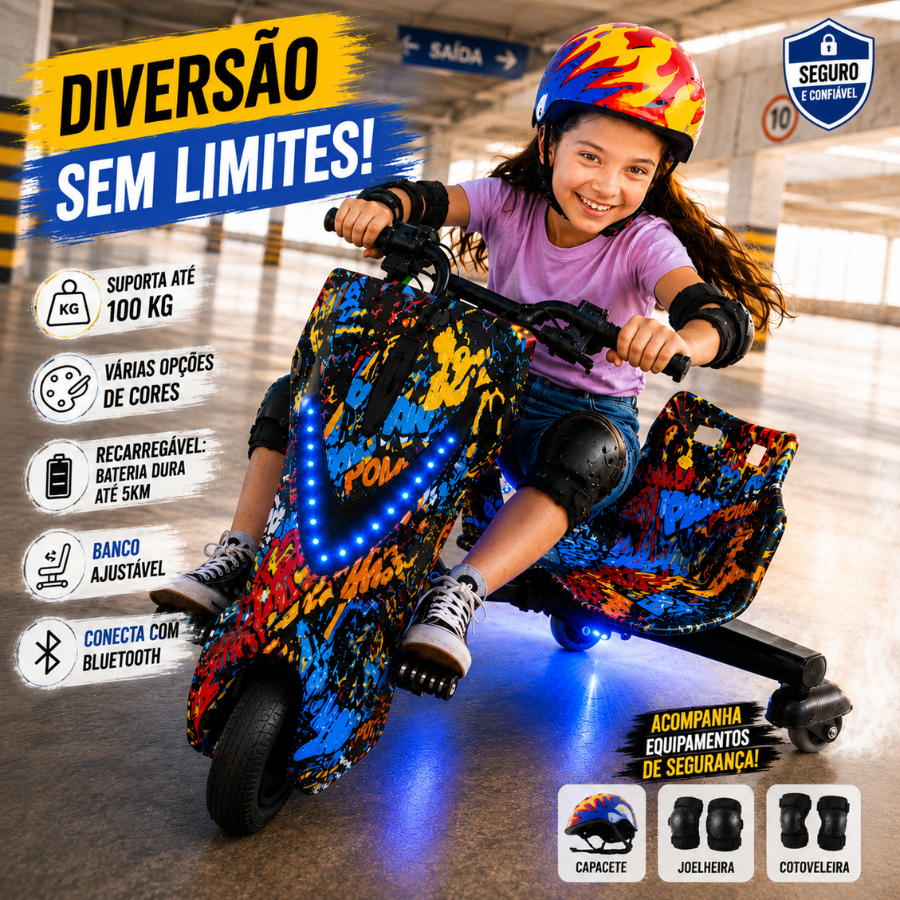 Triciclo Elétrico Drift Trike Bluetooth LED 3 Velocidades Recarregável 100kg Banco Ajustável Bivolt