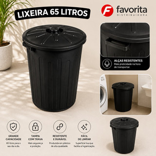 Lixeira Cesto Grande 65 Litros Multiuso - Preto Com Alças e Tampa TOY CF65PT