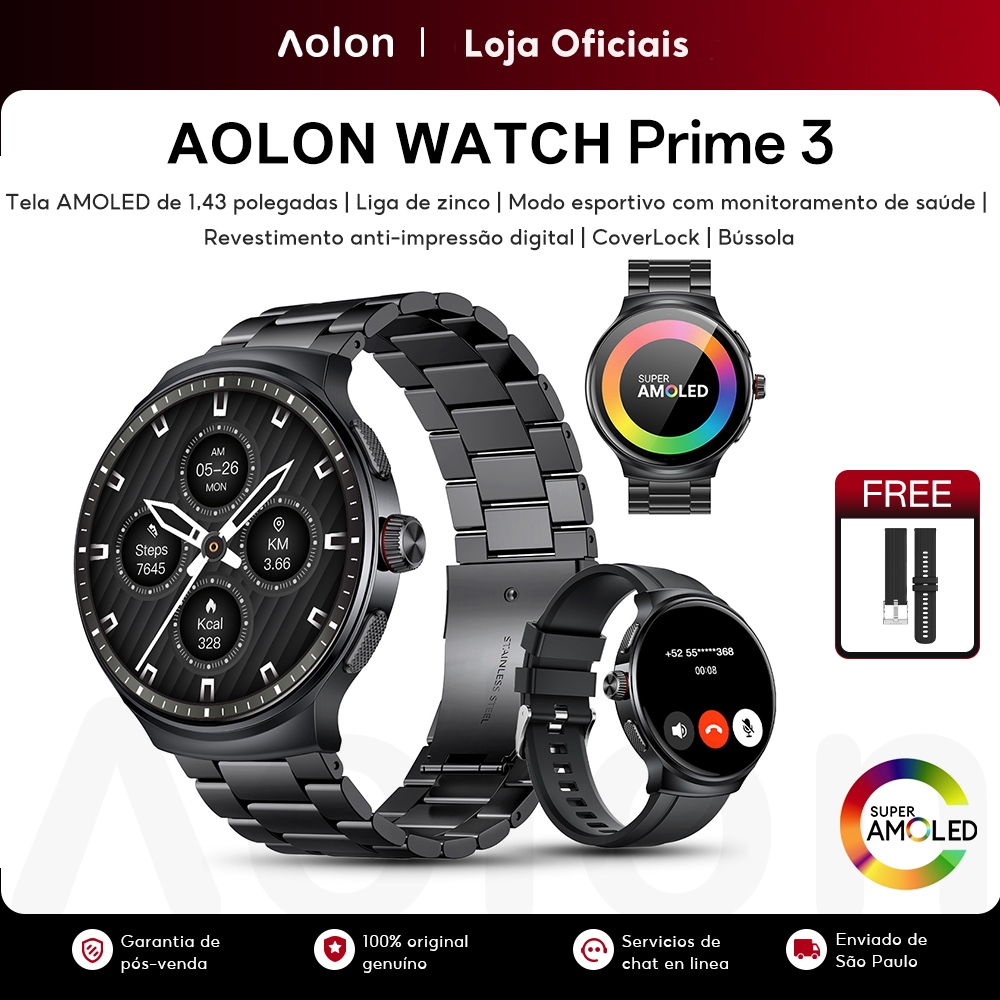 【Exclusivo da Copa do Mundo】Aolon Prime 3 relógio smartwatch Tela AMOLED GPS IP68 a prova d água bluetooth masculino