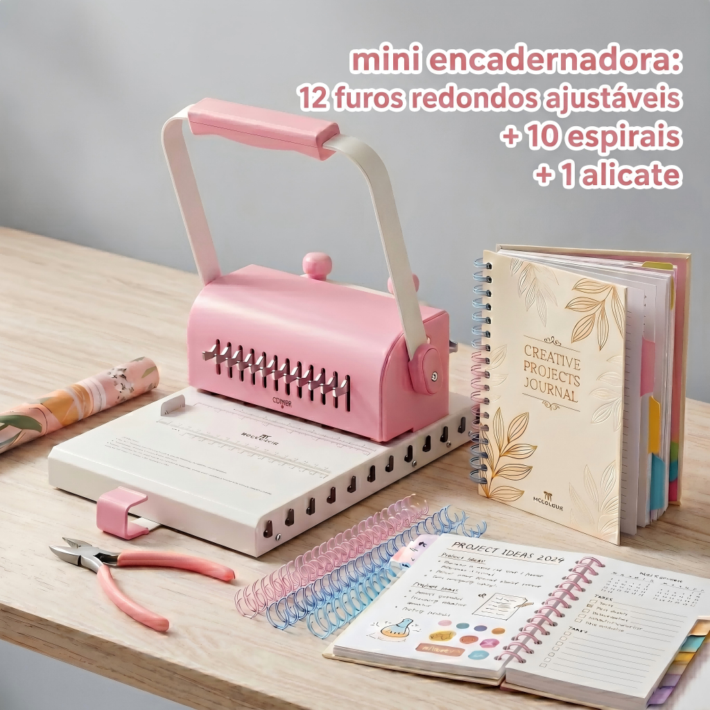 Kit Encadernadora Mini Rosa Mecolour 2:1 Wire-o + Alicate e 10 Espirais Scrapbook