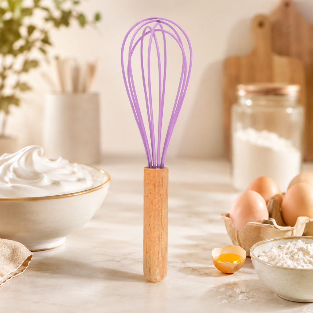 Batedor de Clara Silicone 23cm Cabo de Madeira Fouet Colorido para Ovos Molhos Massas e Sobremesas