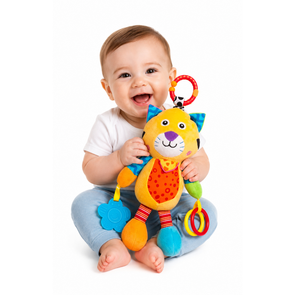 Pelúcia Sensorial Interativa para Bebês com Mordedor e Chocalho – Brinquedo Educativo Macio