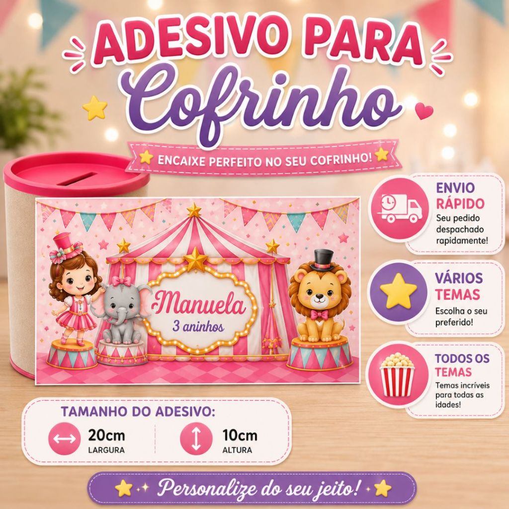 Adesivo para Cofrinho Personalizado | Qualquer Tema | Nome e Idade | Festa Infantil