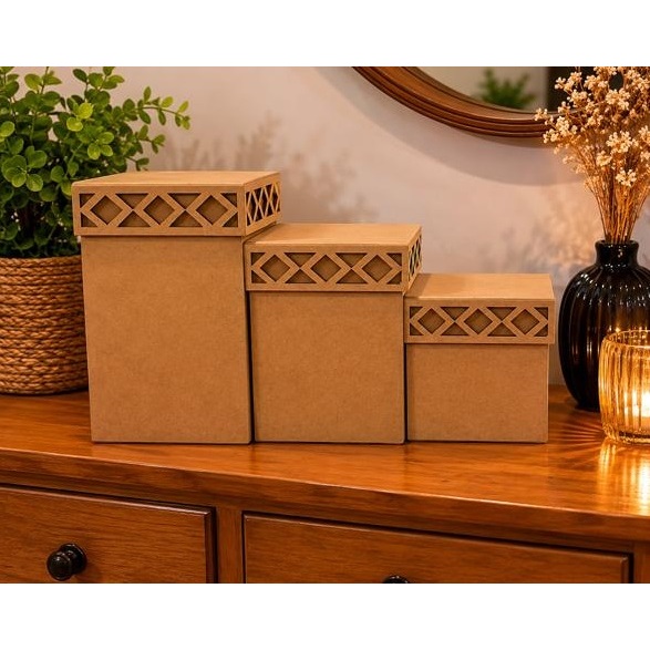 Trio de Caixas Em MDF Cru Com Tampa Decorativas Organização De Objetos Sala Escritório Home Office