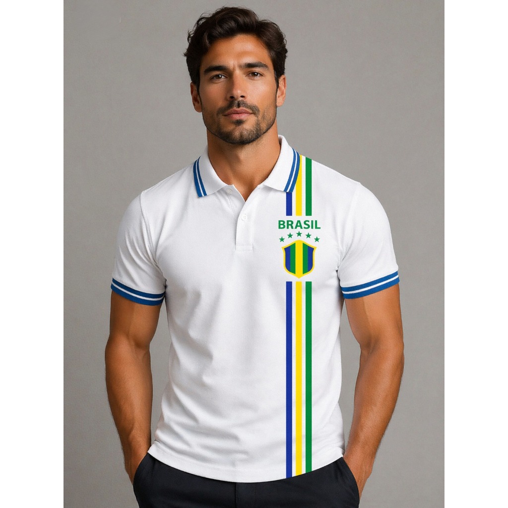 Camiseta Gola Polo Listras Brasil Core Torcida Copa do Mundo Futebol Pentacampeão