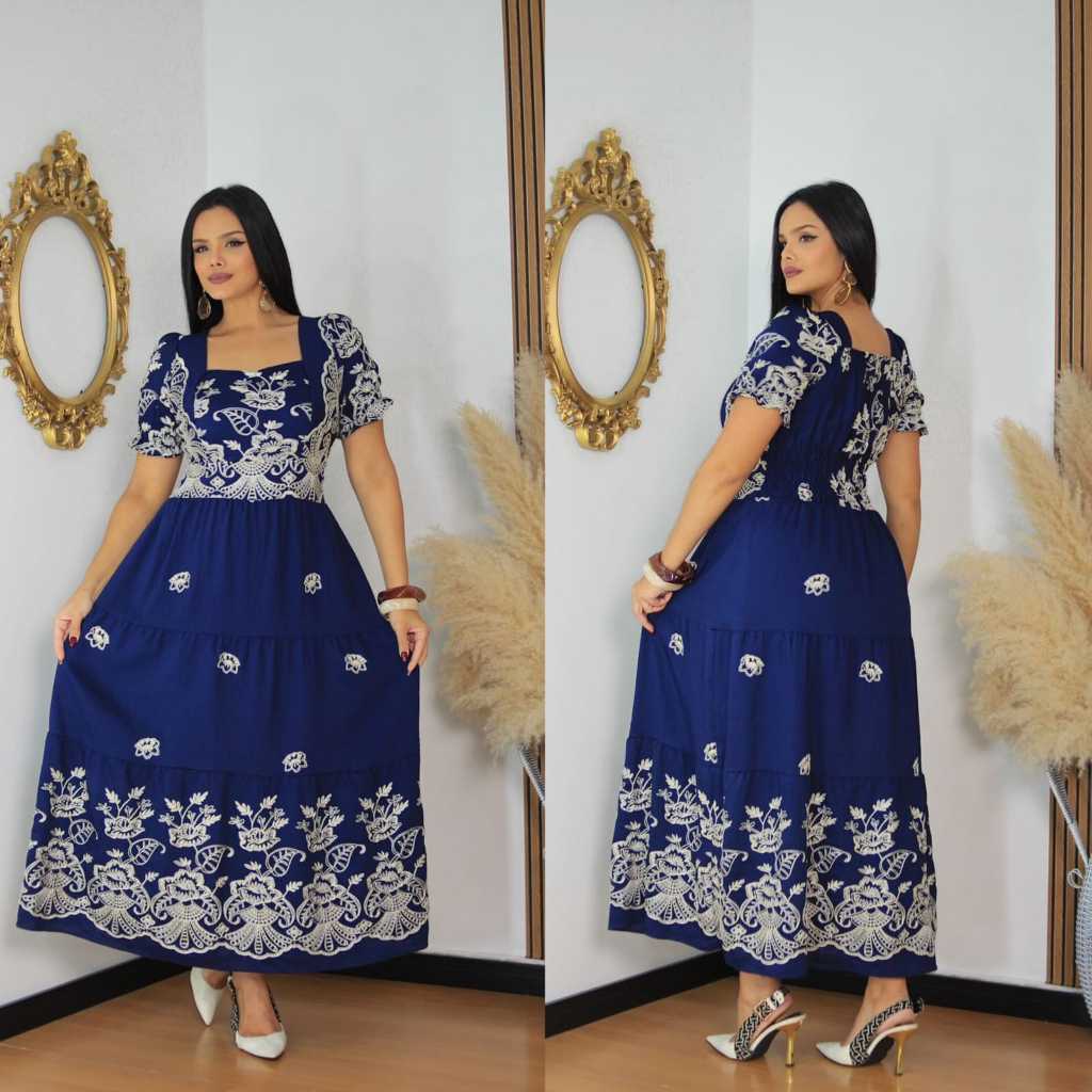 Vestido Longo Femenino Bordado Elegante Moda Evangelica, Festa Casual, Em diversas cores.