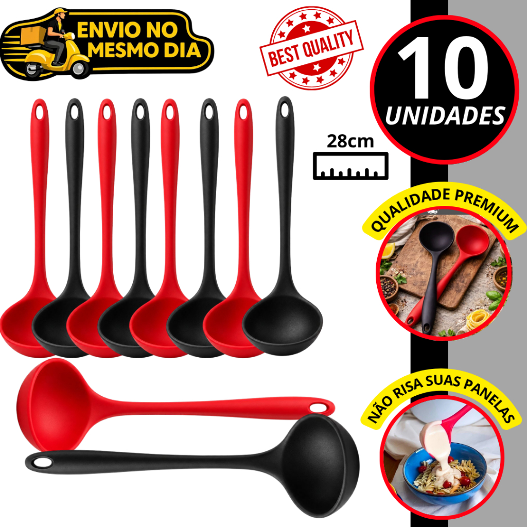KIT 5/10 Concha 100% Silicone Premium 29cm Antiaderente Resistente ao Calor Não Risca Panelas Utensilio de Cozinha