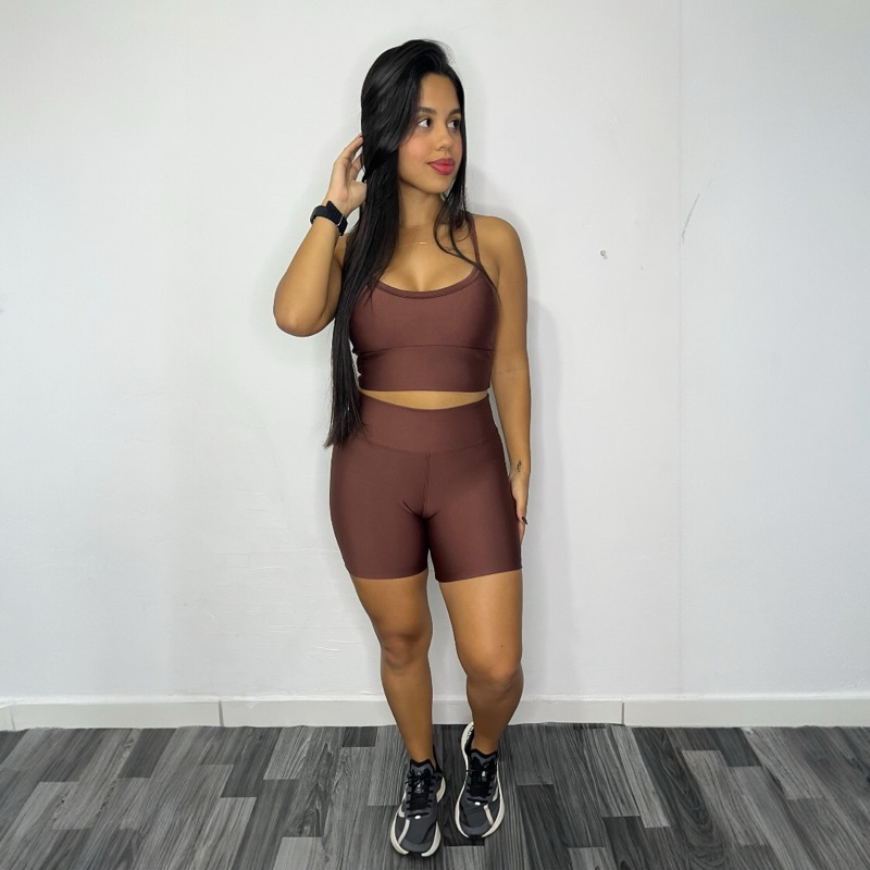 Conjunto Academia Feminino Short Meia Coxa Cintura Alta e Top Alça Suplex Premium Fitness,Treino,Yoga, Corrida, Academia