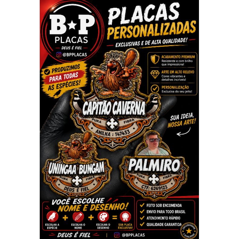 PLACA DE GAIOLA PERSONALIZADA 3D PREMIUM | KIT COMPLETO RESINADO EM ALTO RELEVO | COLEIRO, TIZIU E TRINCA FERRO
