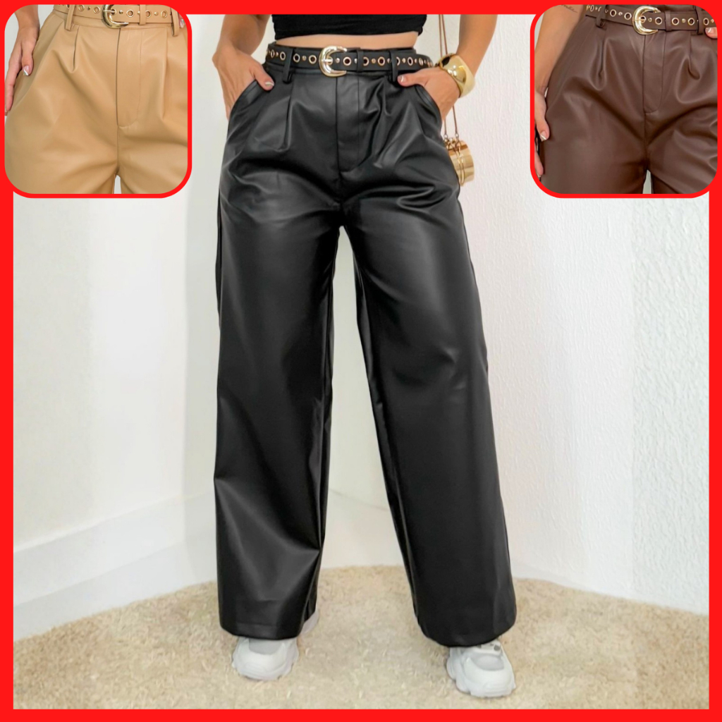 Calça Feminina Pantalona Efeito Couro PU Resinada Wide Leg Country com Cinto Bege Marrom Preta F7702