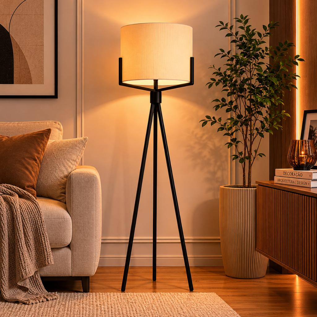 Abajur De Chão Tripé Luminária Cúpula De Tecido Decoração Sala Quarto