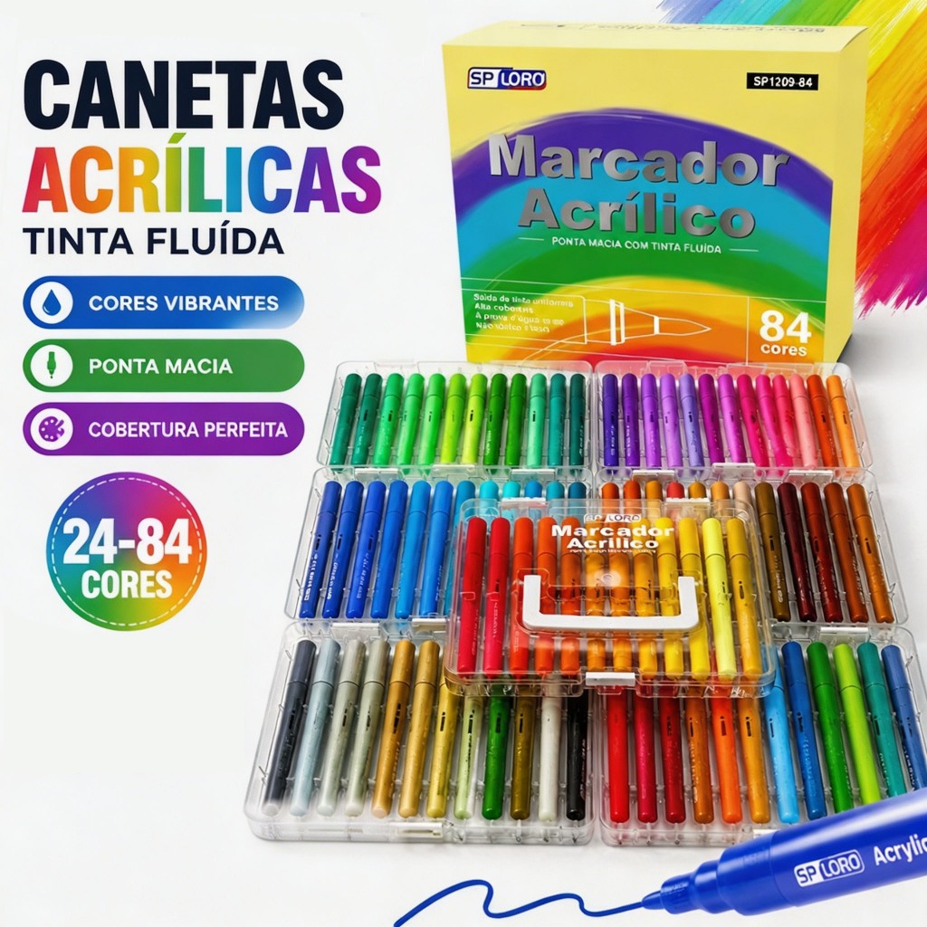 Canetas Acrílicas Ponta Macia Tinta Fluida 24/36/48/60/72/84 Cores À Prova D'água Não Tóxico 1209