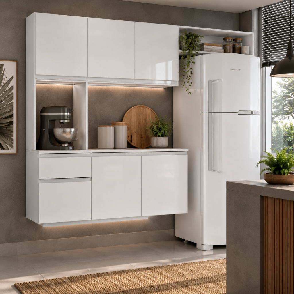 Cozinha Modulada Completa Mel 180cm c Balcão Suspento - Branco -  Poquema Móveis