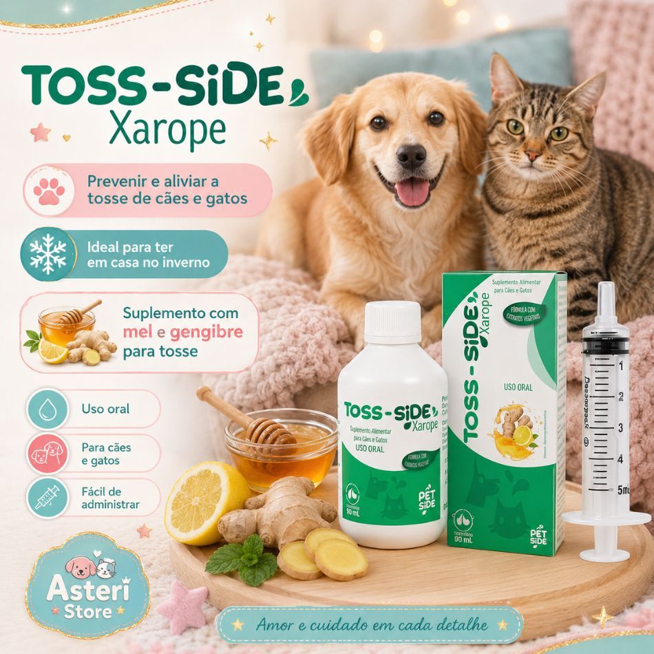 Toss-Side Xarope Pet 90ml | Suplemento Tosse Cães e Gatos | Alivio da Tosse Canina