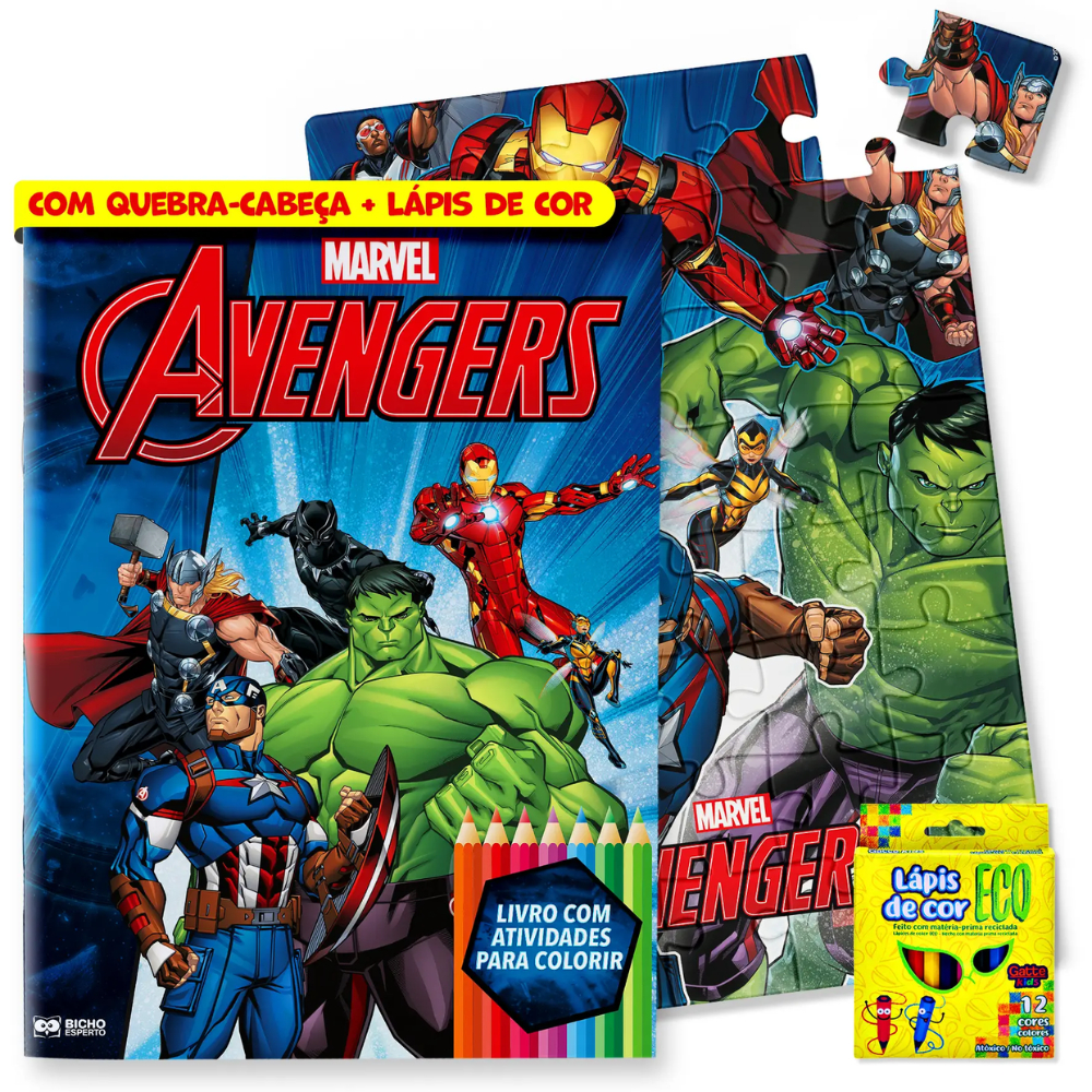 Kit Diversão Marvel Vingadores + Quebra-cabeça e Lápis de Cor