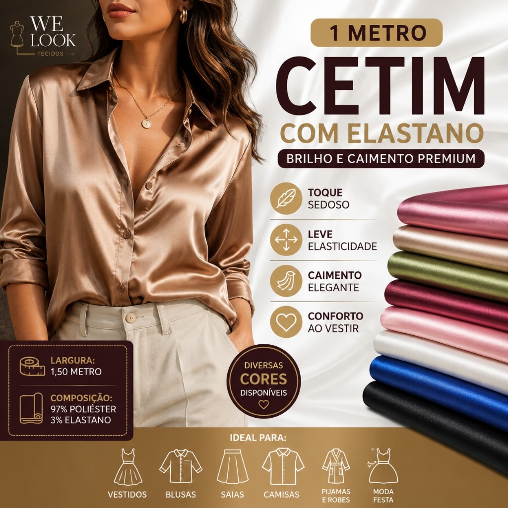 1 Metro Tecido Cetim Com Elastano Premium -  Toque Sedoso Para Vestidos e Blusas
