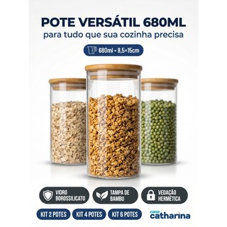 Kits 2|4|6 Potes Herméticos Vidro 680ml Tampa Bambu Vedação Para Temperos Mantimentos e Condimentos