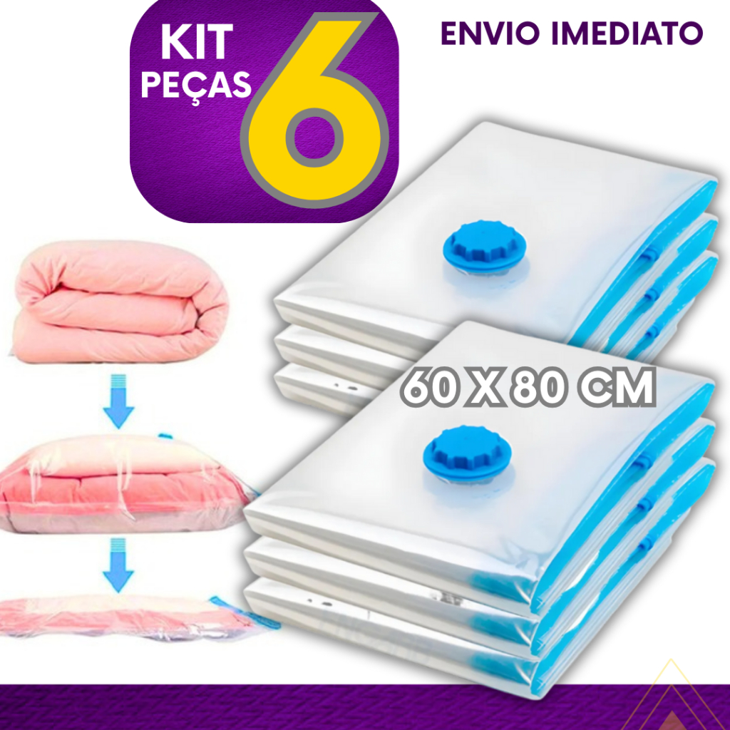 Kit 6 Saco A Vácuo 60X80 Bomba Organizador Viagem Mala Casa Guarda Roupa Cobertas Edredon Resistente
