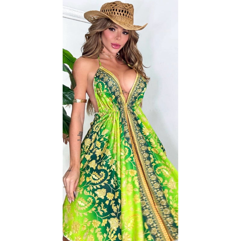 Vestido Feminina Longo Indiano Estampado Feminino Ideal Pratodo Tipo De 🎉 Festas  confortável