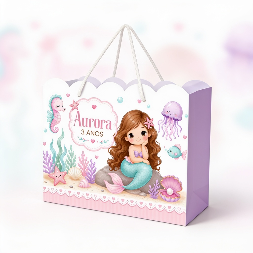 Sacolinha Personalizada Sereia Baby Fundo do Mar Menina Lembrancinha Festa Infantil