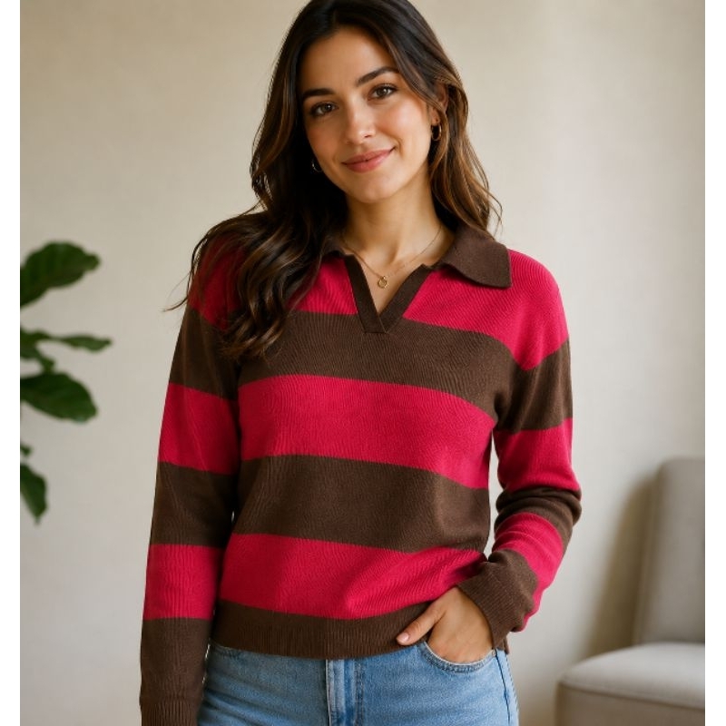 Blusa Suéter Feminina Tricô Modal Premium Gola Polo Listrada Inverno