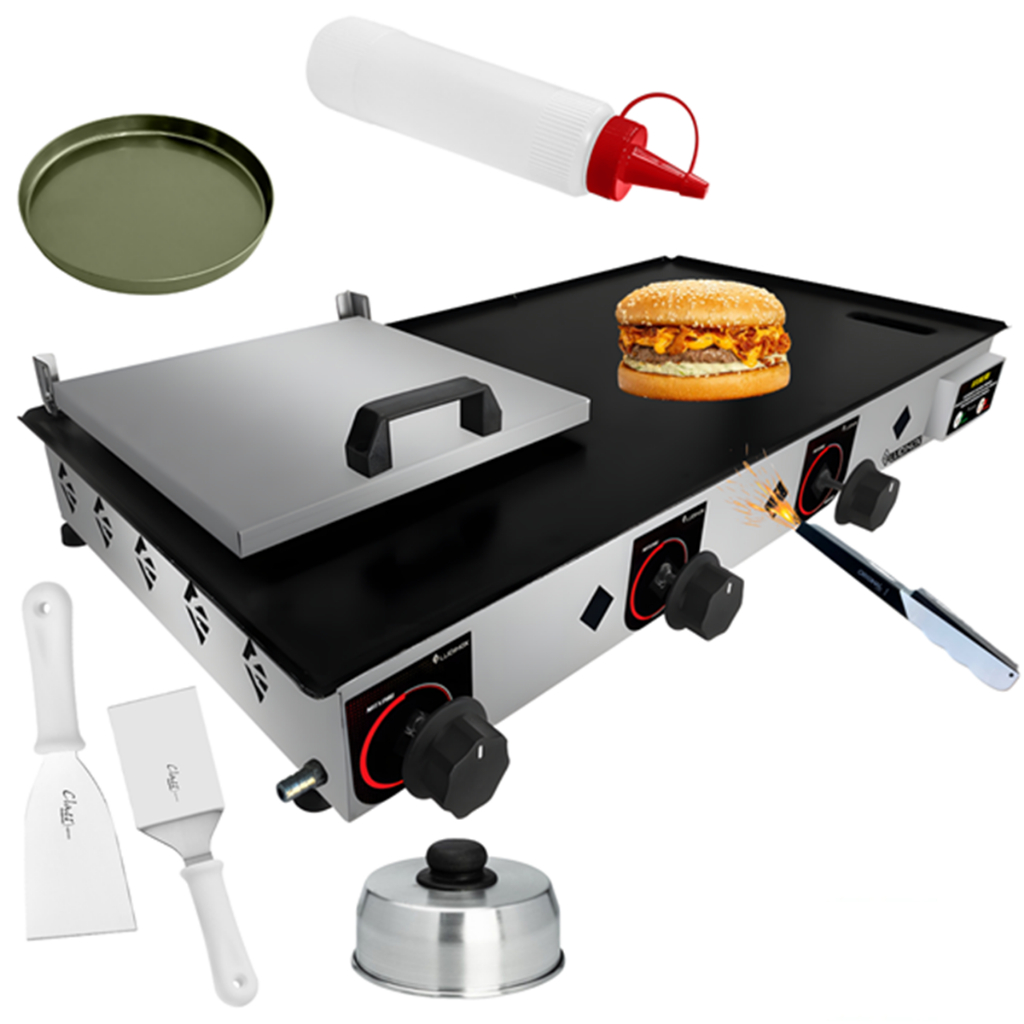 Chapa Sanduicheira Com Prensa 80x40 Industrial Inox Lanches Burguer + Kit Acessórios