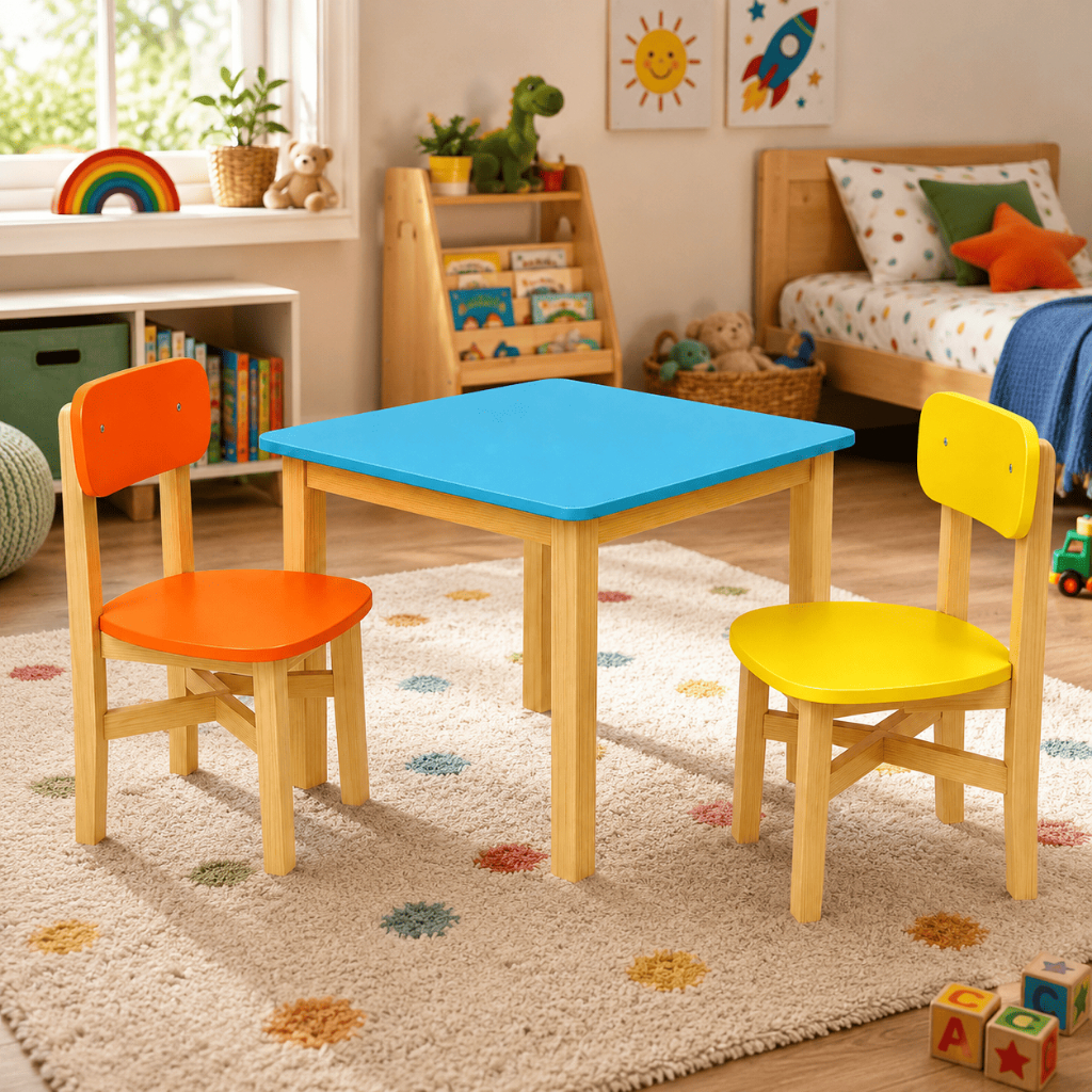 Kit Mesa Infantil Com 2 Cadeiras Criança Madeira Educativa Atividades Estudo Brinquedoteca Escolar