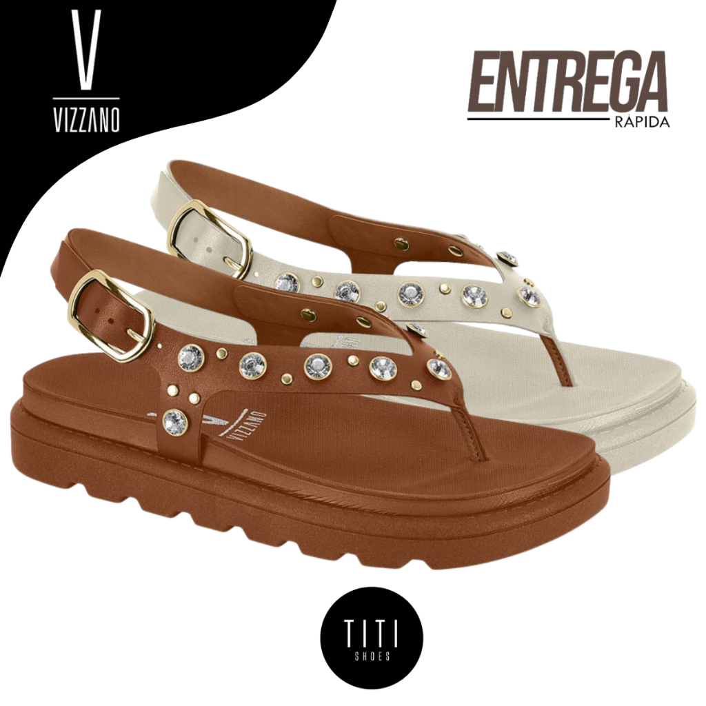 Sandália Papete Feminina Vizzano Flatform Tiras Pedraria Adornos Dourados Confortável Luxo