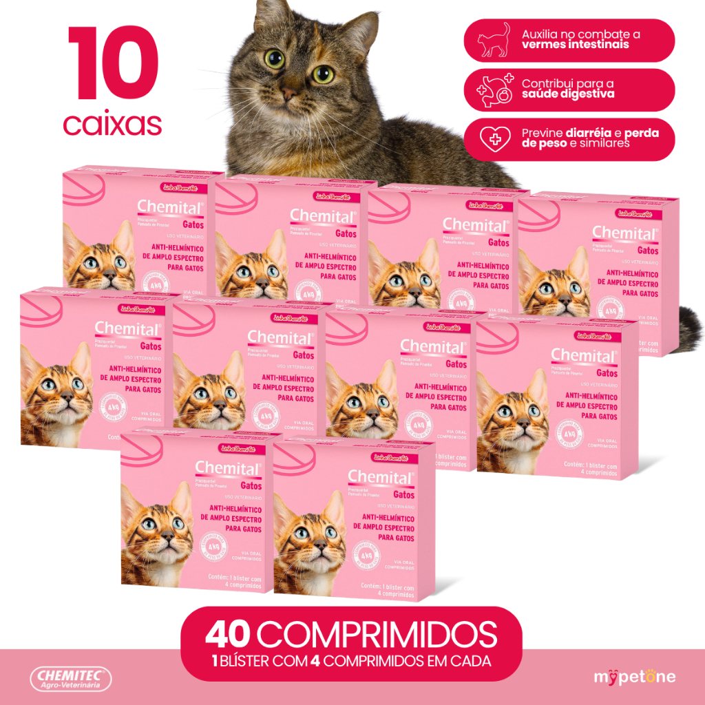 Kit 10 Chemital Chemitec Vermífugo para Gatos - 4 Comprimidos