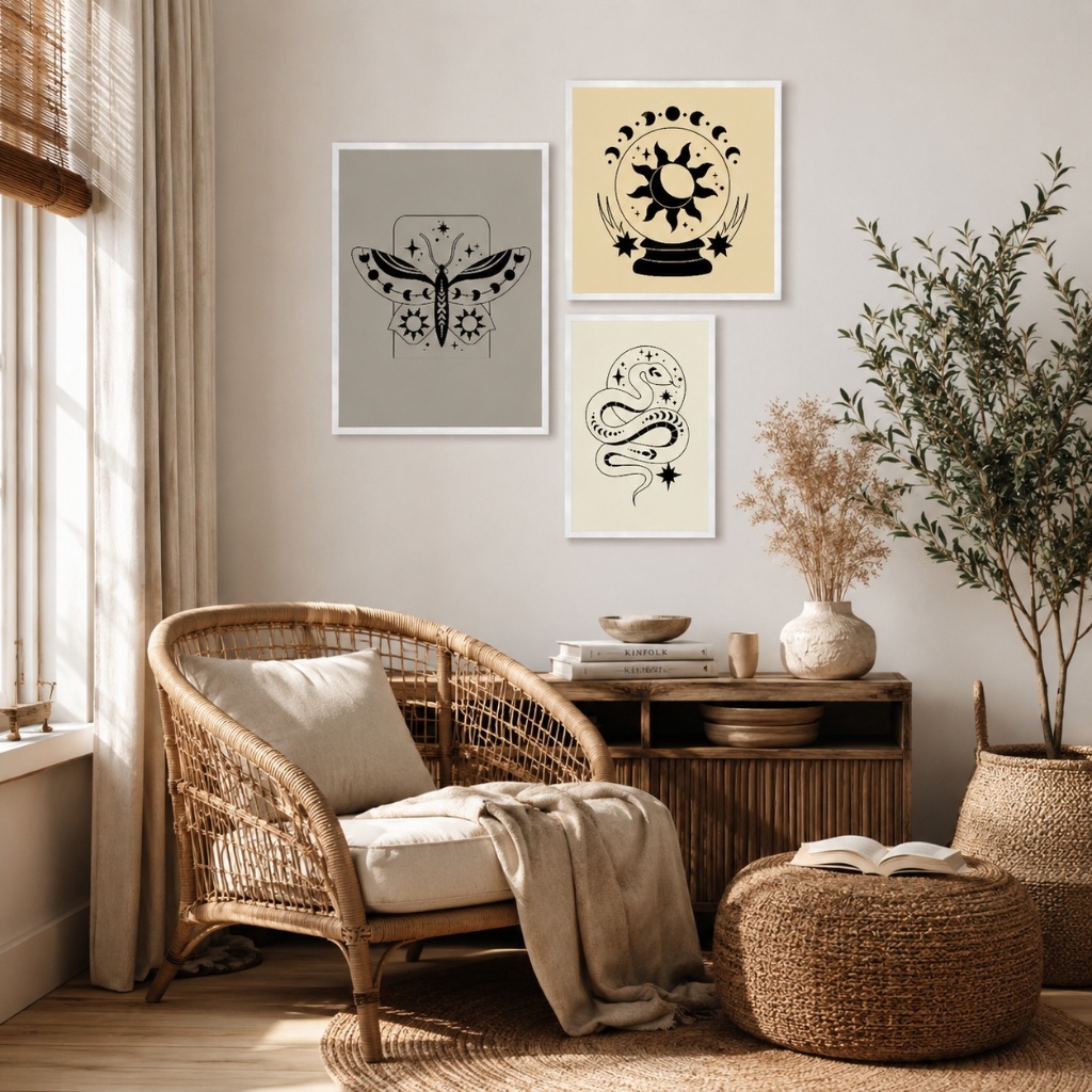 Quadro Decorativo Bola de Cristal Místico Lua Sol Kit 3 Peças Sala Quarto