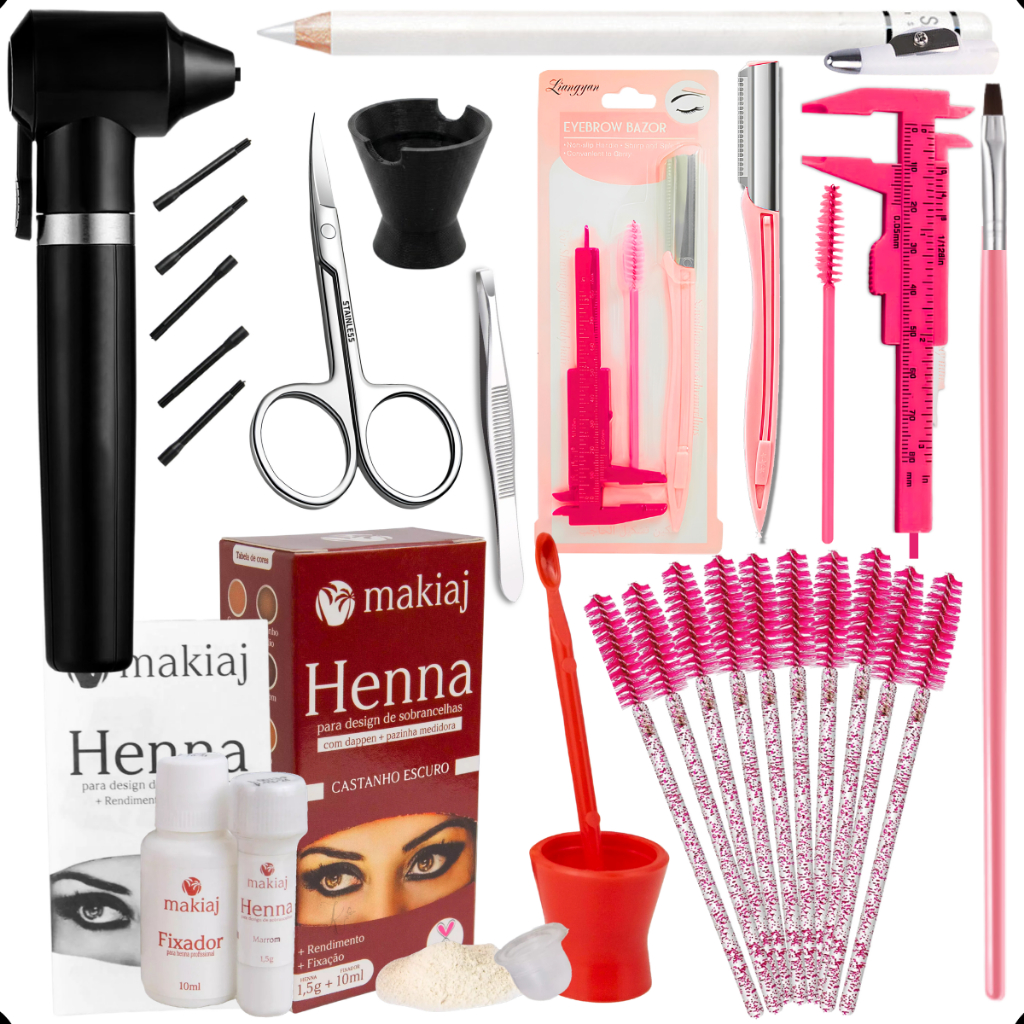 Kit Profissional Designer de Sobrancelhas Henna Paquimetro e Acessórios Alto Rendimento Fixação Rena