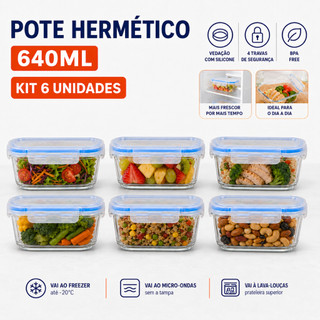 1, 2 ou 6 Pote Hermético 640ml Pote de Vidro Ideal para Micro-ondas Forno Freezer Tampa c…
