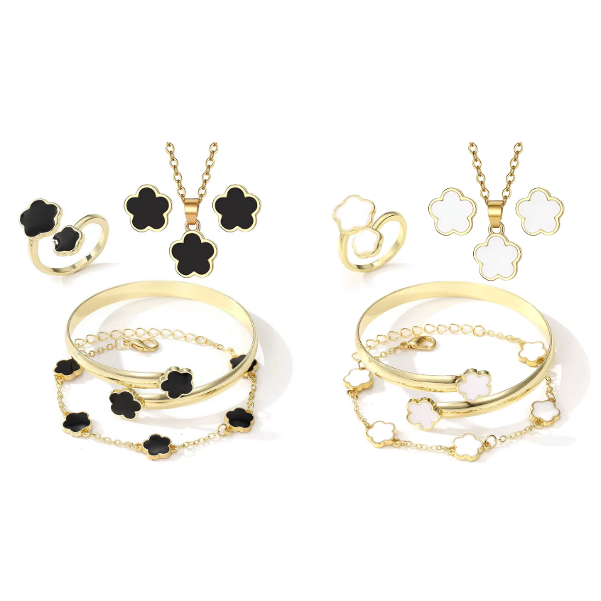 Kit de Joias Femininas 10 Peças Trevo Black White Premium Colar Brincos Anel Pulseiras Banhadas a Ouro 18k Gold