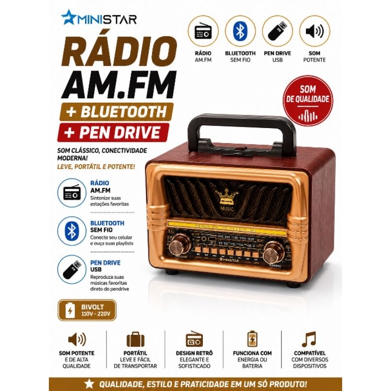 Rádio AM FM Pen drive bluetooth modelo Retro livstar 8077 BR
