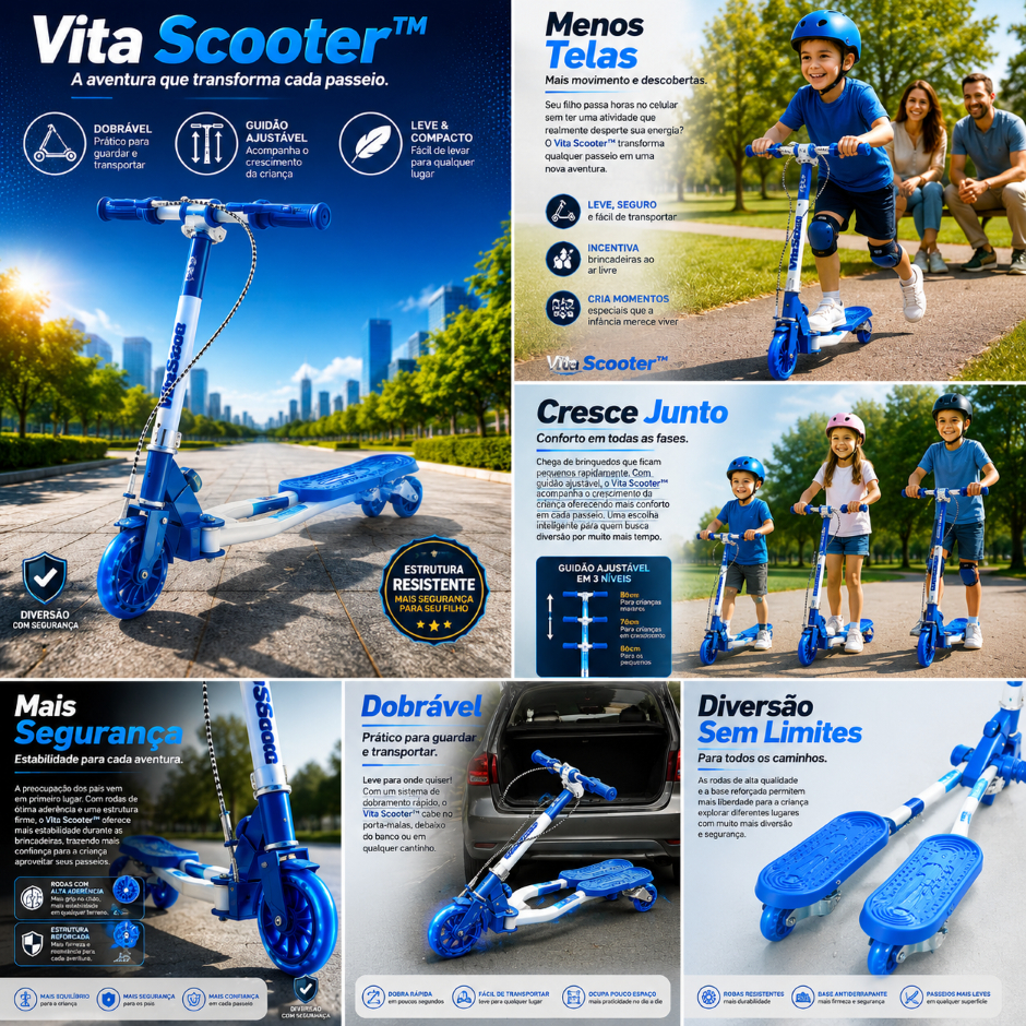 Vita Scooter™ Patinete Infantil Dobrável Azul com Guidão Ajustável Leve Seguro com Rodas Estáveis para Crianças