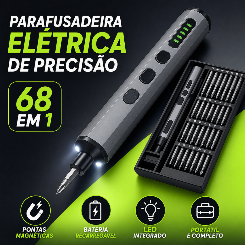 Parafusadeira Elétrica de Precisão Recarregável - Kit 68 em 1 c/ Pontas Magnéticas e Chave de Fenda
