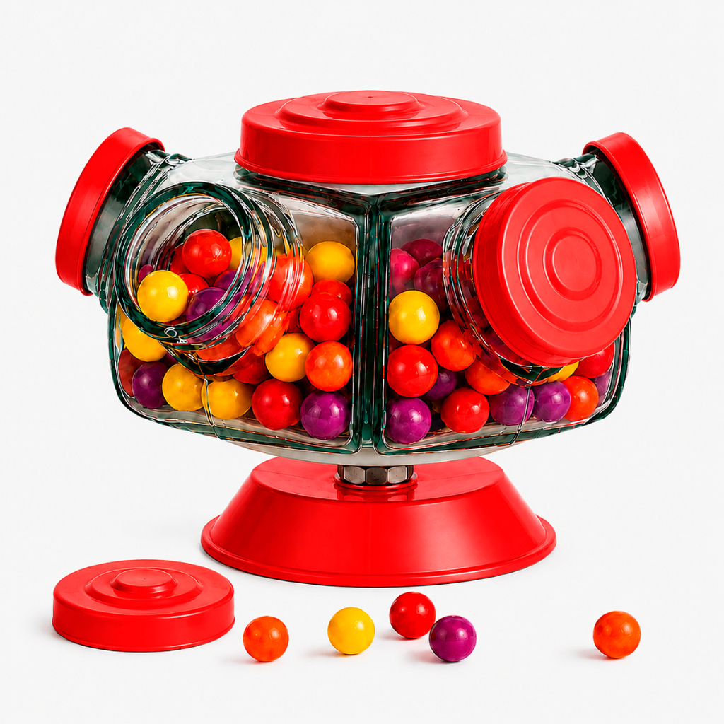 Mini Baleiro Vidro Porta Doce Vermelho Giratório 5 Potes