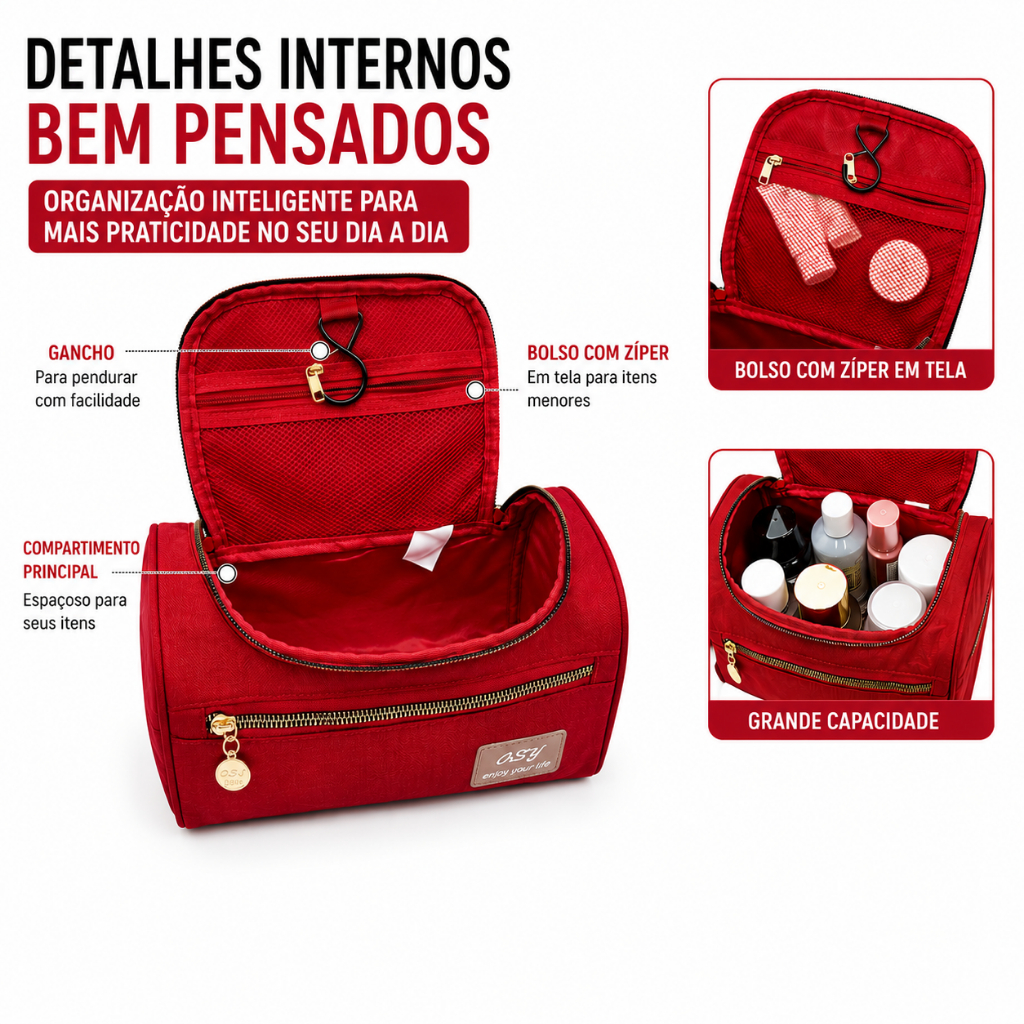 Necessaire Feminina Grande de Viagem Luxo ou Nylon - Bolsa Organizadora de Maquiagem Impermeável Multicamadas 22cm