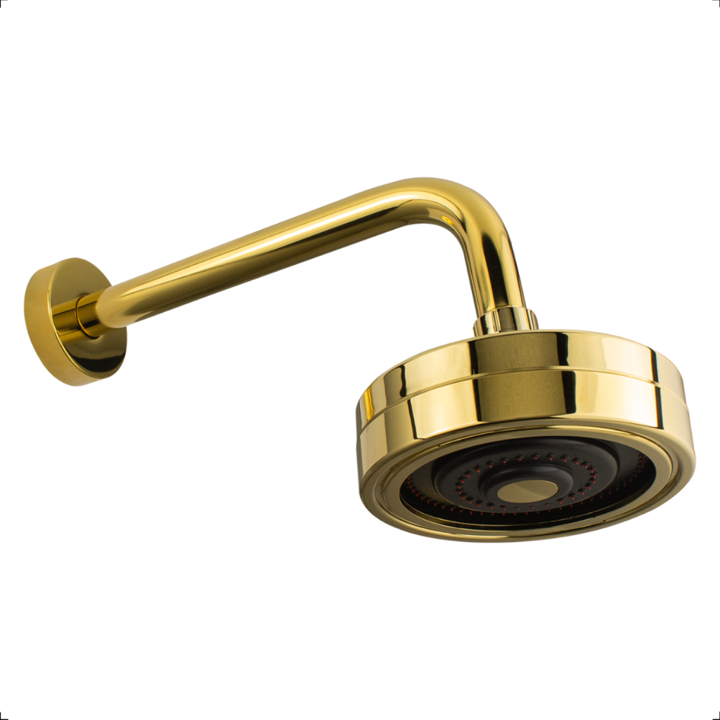 Chuveiro Ducha Articulável Gás e Solar Redondo Autolimpante Parede Inox Com Braço 25cm Banheiro Dourado Gold Brilhante