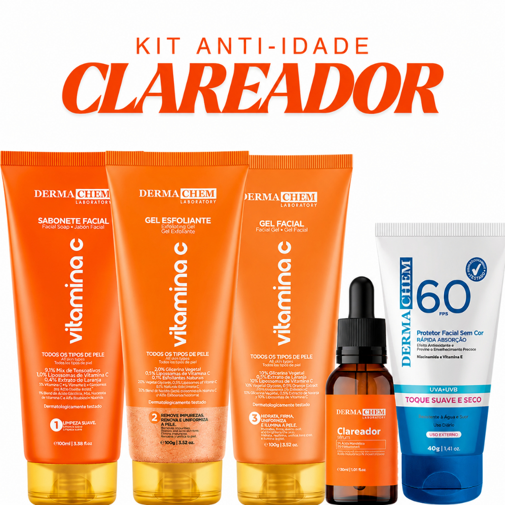 Kit Skin Care Facial Completo Vitamina C Dermachem Clareador Manchas Anti Idade com Protetor Solar