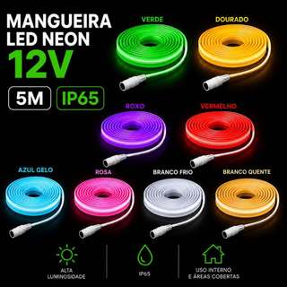 Mangueira LED Neon 12V 5 Metros IP65 12W/M Decorativa Flexível Cor à Escolha