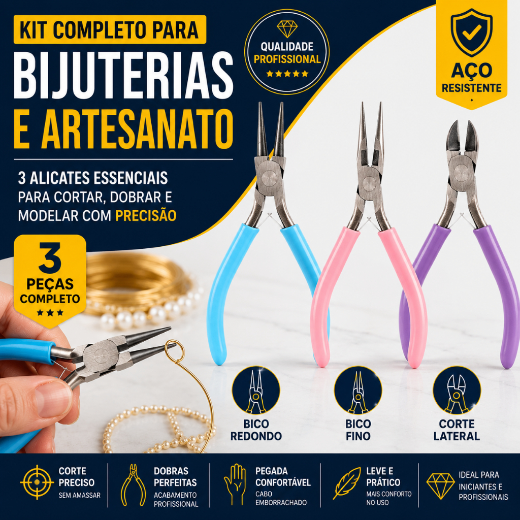 Kit Alicates para Bijuteria 3 Peças Bico Redondo Bico Fino Corte Artesanato Joias DIY Ferramentas BH