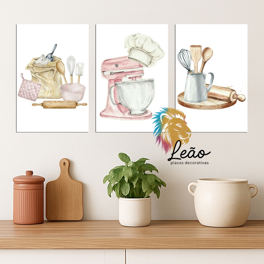 Decoração para cozinha - confeitaria batedeira pacote farinha espatulas madeira - imagens aquarela rosa claro 20x30cm