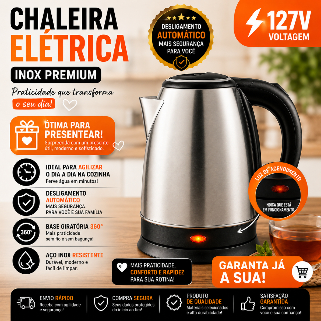 Jarra Elétrica Chaleira Inox 1,8L 127V Ferve Água Rápido Desligamento Automático Chá, Café, Cozinha