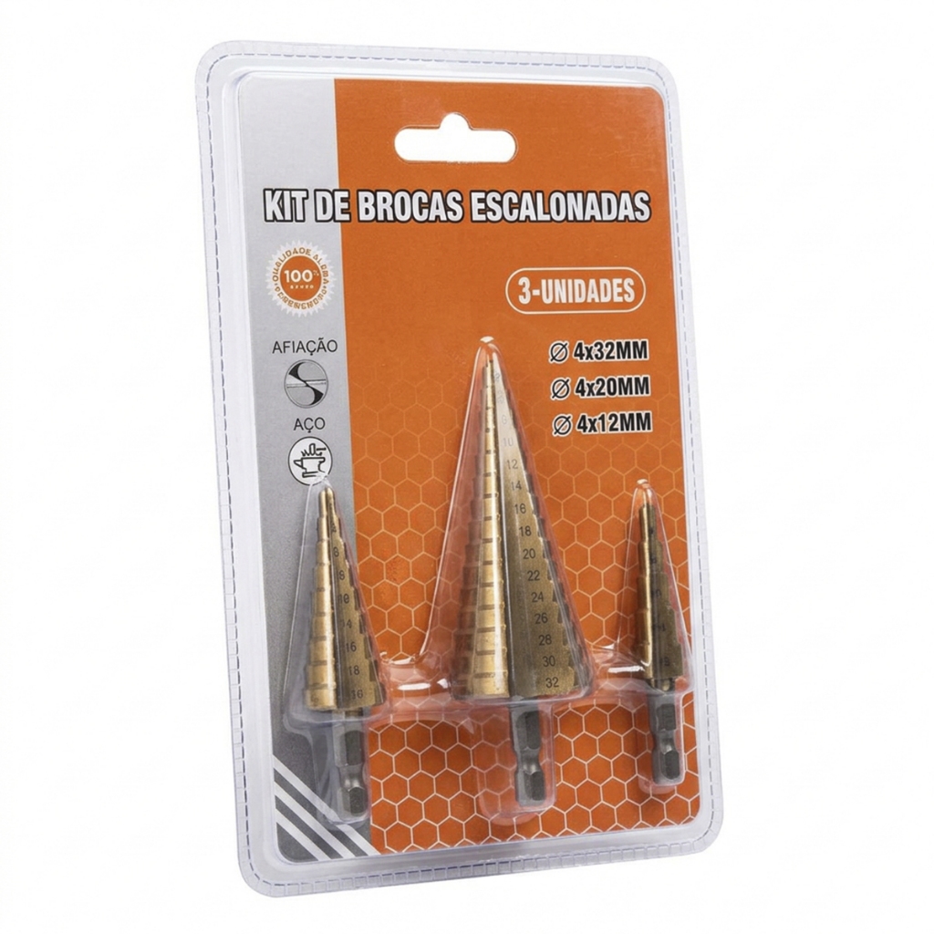 Jogo Broca Escalonada 3 Unidades Aço HSS Haste Sextavada Para Furadeira Metal PVC Madeira Chapa Fina