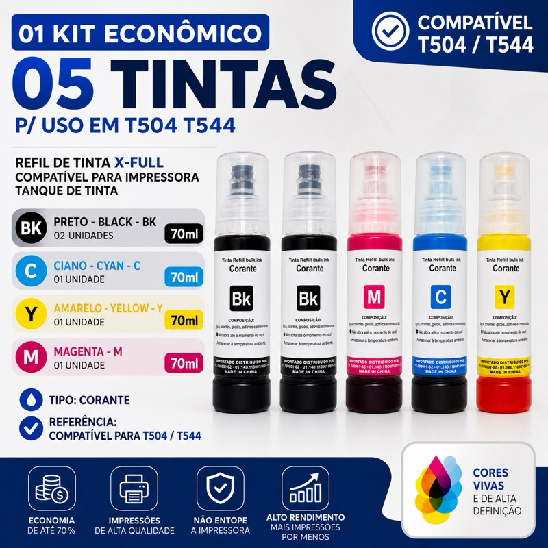 Kit 5 tintas Premium para Epson 70ml L3250 L3150 L3210 L3110 L5190 L5290 T544/504 compatíveis