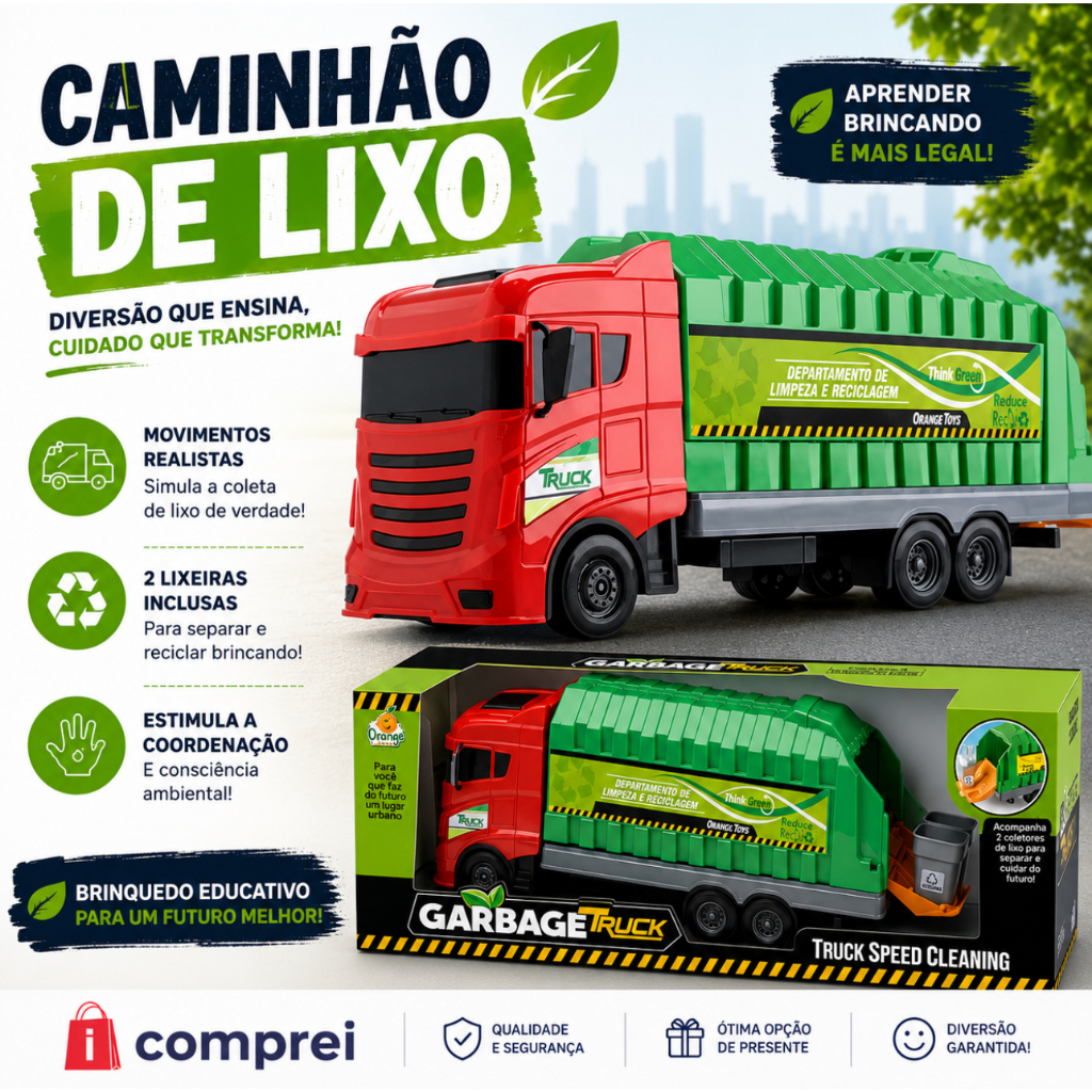 Brinquedo Caminhão Truck Grande Coletor Lixo Infantil Menino Sustentabilidade Lixeira Meio Ambiente