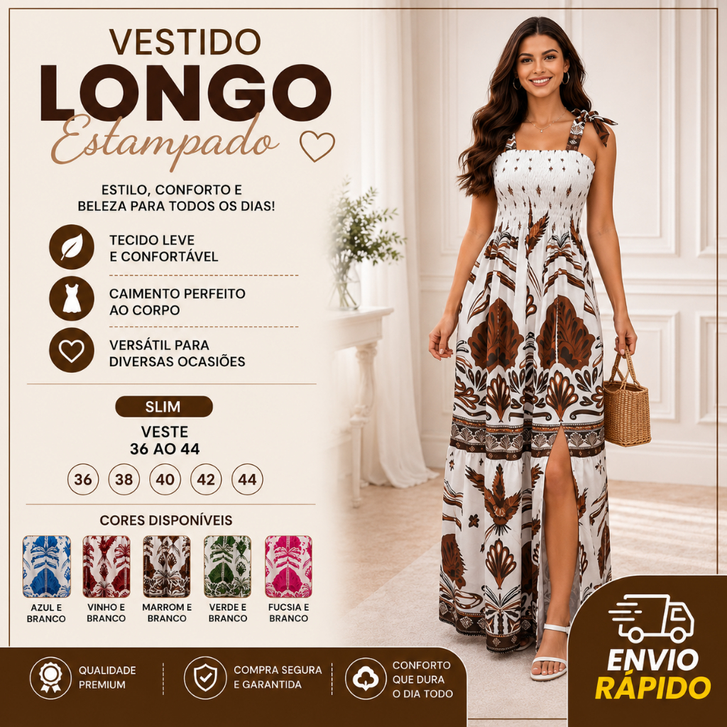 Vestido Longo Floral Tropical Estampa Feminino Alça de  Amarração Ajustável Caimento Impecável