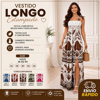 Vestido Longo Floral Tropical Estampa Feminino Alça de  Amarração Ajustável Caimento Impecável
